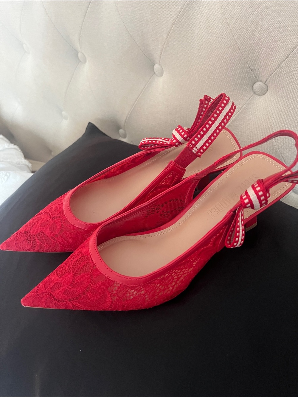 Steve Madden Red Lace Pointed Slingback Heels with Ribbon Accent